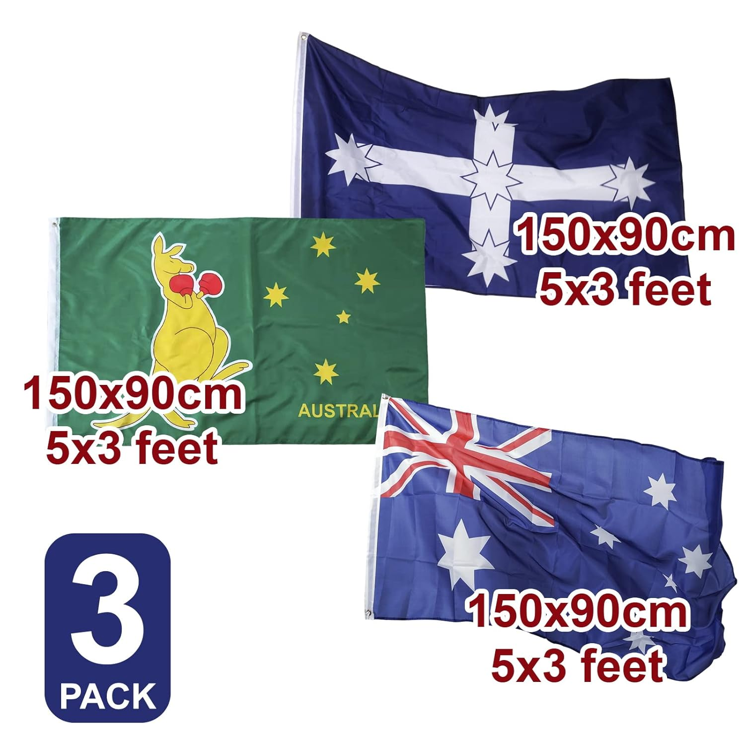 Australian Boxing Kangaroo Eureka Stockade Southern Cross Flag Australia Large, 3 X 5 Ft (90 X 150 Cm) 3 Pcs, Flags Aussie OZ AU National Day Banner Symbol Polyester Double Sides Feet UV Resistant image number 2