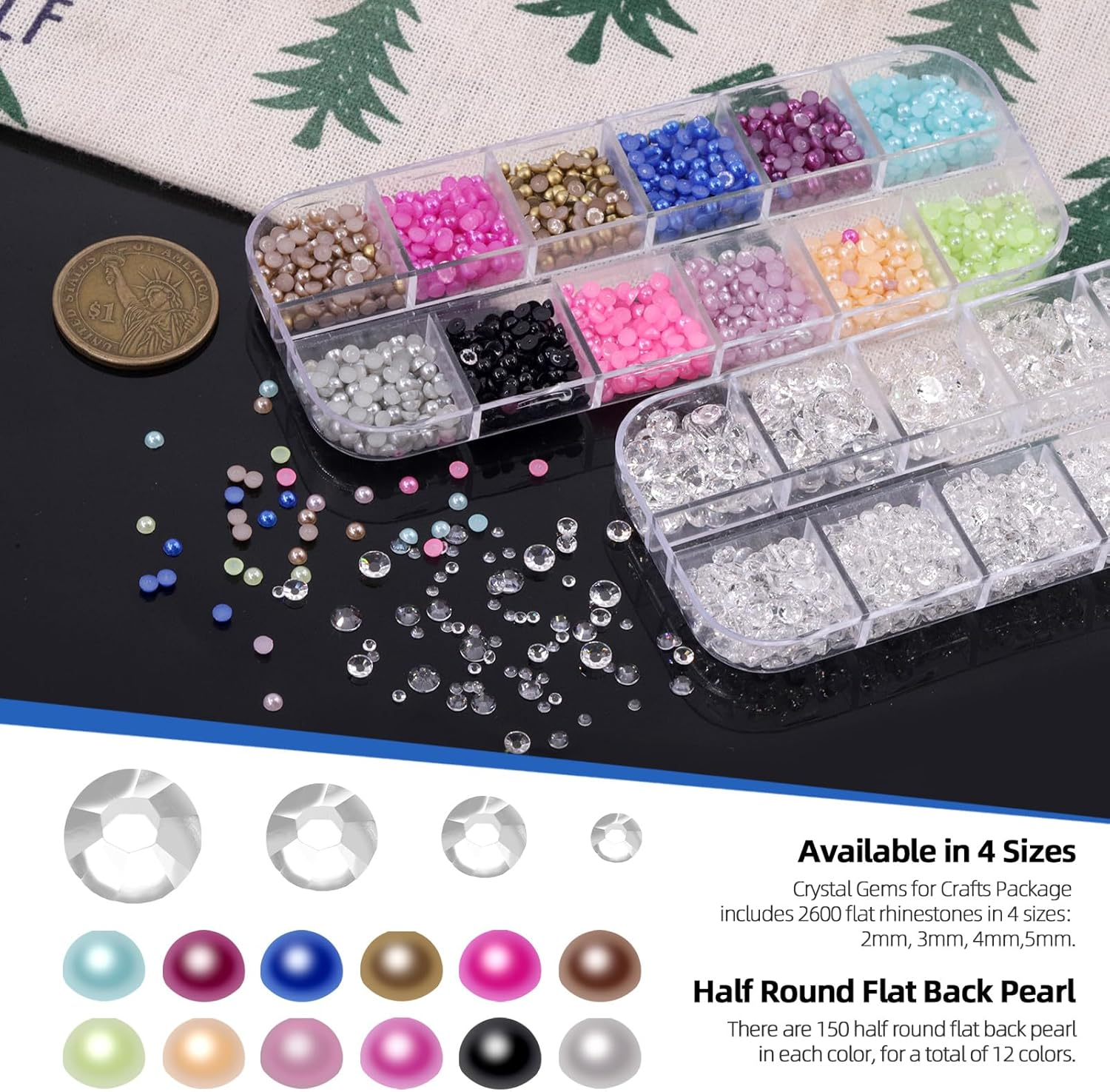 Glarks 4403Pcs Rhinestone Gems and Flat Back Pearl Set, 2MM 3MM 4MM 5MM Clear-White Flat Back Gems Crystal Rhinestones, 3MM Flatback Pearl Half Pearl Half round Flat Back Pearl with 3Pcs Tools - Dark Blue image number 6
