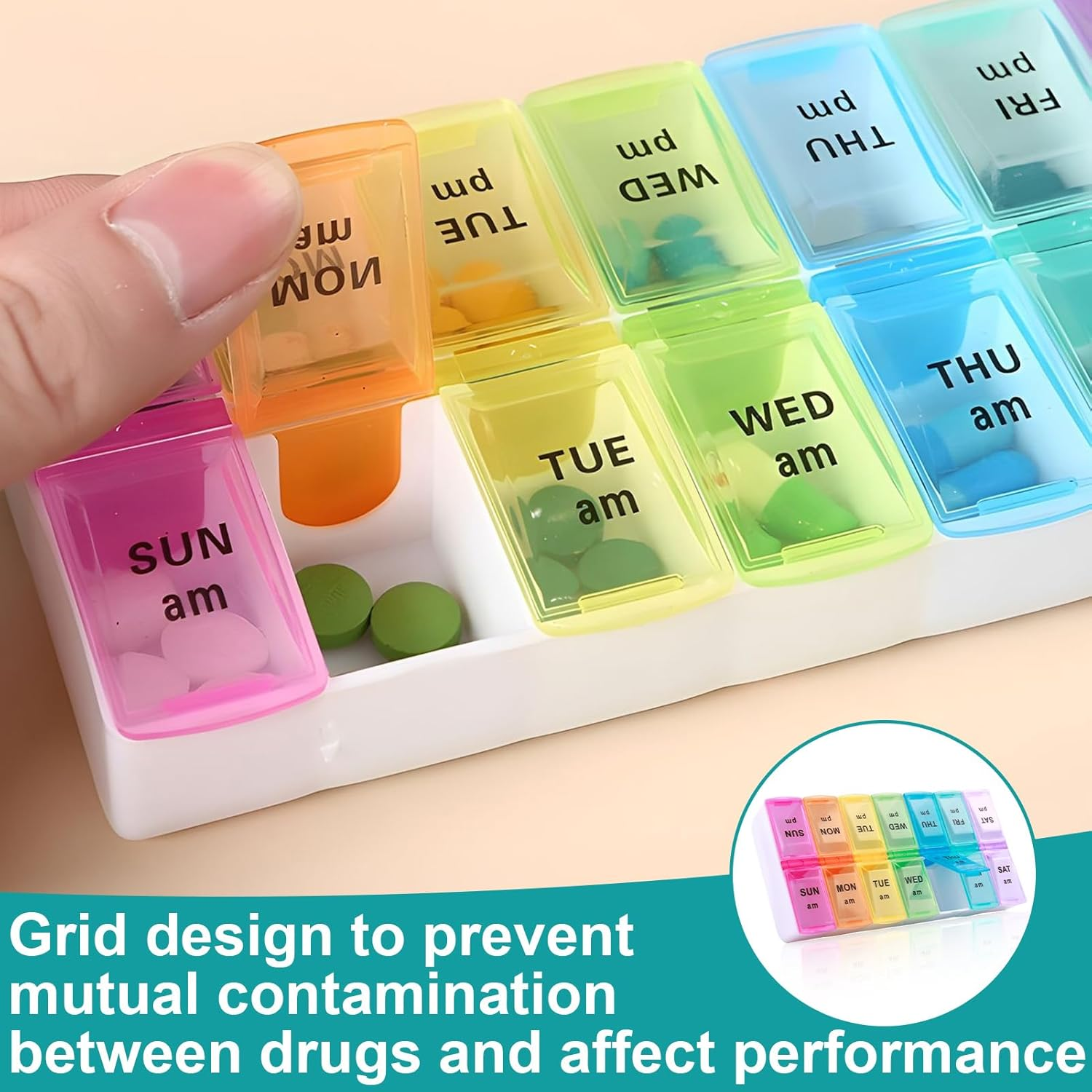 Bushhaven Pill Organiser Box - Weekly 7-Day AM/PM Pill Case with 14 Removable Compartments for Vitamins, Fish Oil, Supplements & Medication | Portable Travel Pill Organiser Box image number 4