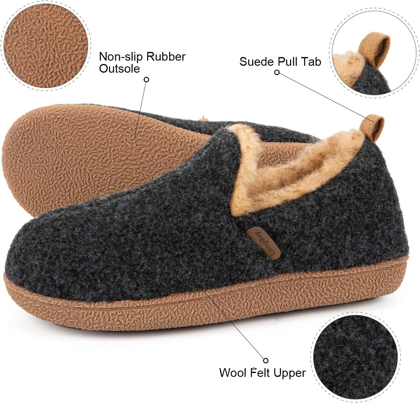 Longbay Women'S Felt Bootie Slippers Warm Cozy Memory Foam Slipper Boots with Polar Fleece Lining Non Slip House Shoes Indoor Outdoor