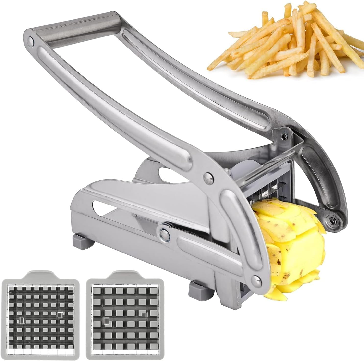 French Fry Cutter, Potato Chipper with 2 Blades Stainless Steel Potato Chip Cutter Machine Chip Tool with Non- Slip Base for Home Kitchen Vegetables and Fruits