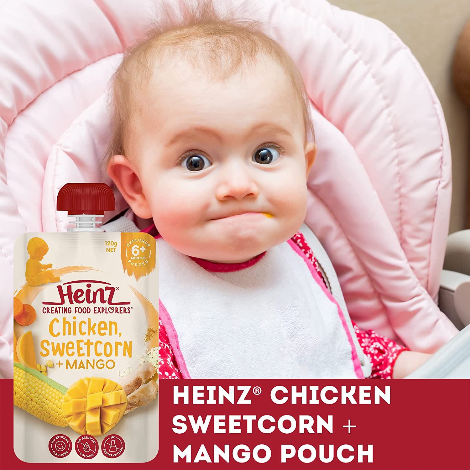 Heinz 6+ Months Chicken, Sweetcorn and Mango Heinz for Baby Baby Food Pouch No Artificial Flavours, No Preservatives, No Added Colours 120G (Pack of 6) image number 4