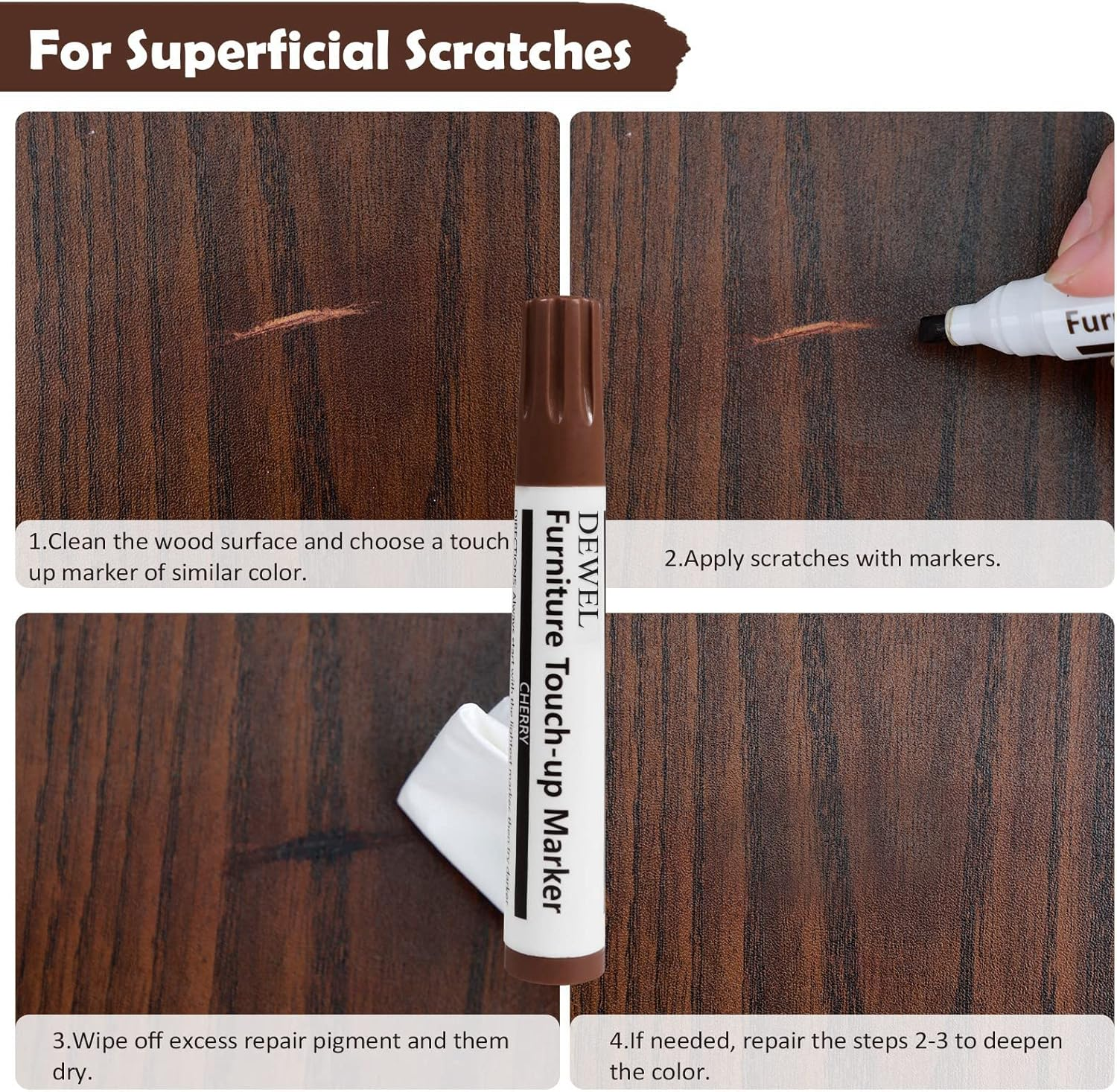 DEWEL Wood Furniture Repair Kit, Professional Wood Fillers and Furniture Touch up Markers Repair Stains, Scratches, Wood Floors, Tables, Cabinet, Carpenters, Bedposts image number 6