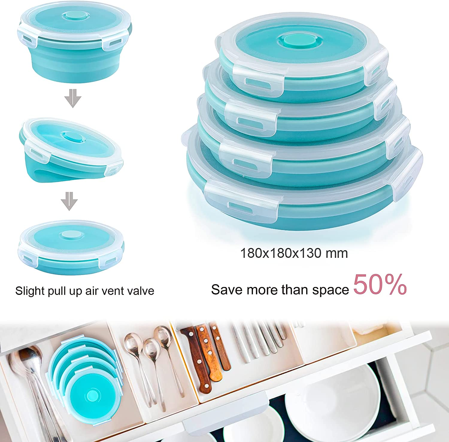 RAXCO Collapsible Food Storage Containers,4-Piece Silicone Bento Lunch Boxes,Salad Bowls and Camping Picnic image number 6