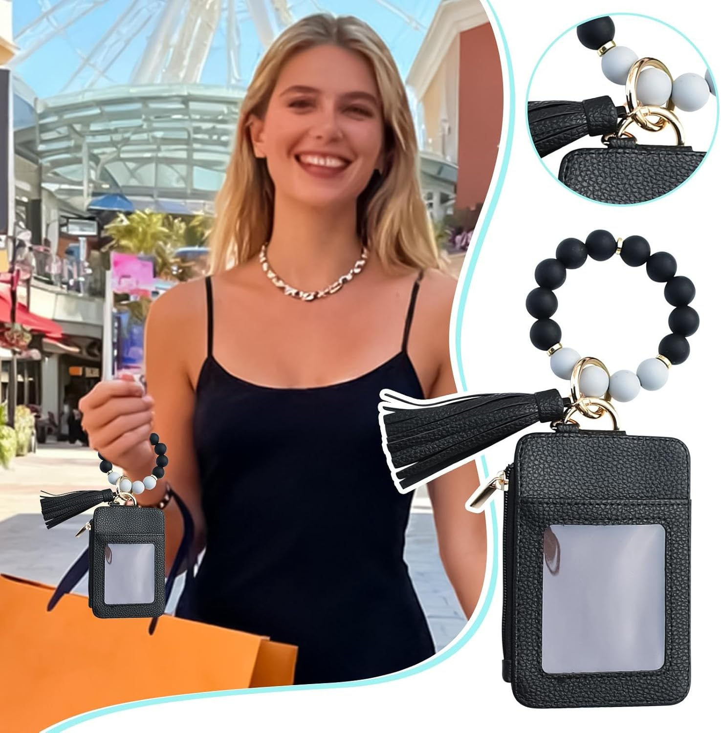 Davivian Key Chain Bracelet Purse - Pearl Tassel Keychain Purse - Card Case for Women | Party Date Birthday Holiday Holiday Shopping Travel, Black, Siehe Beschreibung, See Description - Khaki image number 6