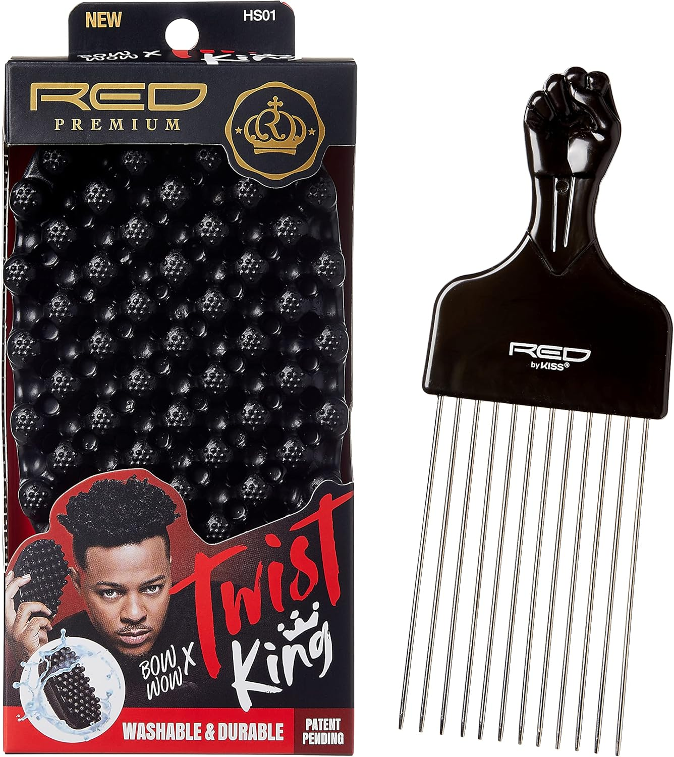 RED by Kiss Bow Wow X Twist King -Premium Luxury Twist Styler Brush with Large Styling Pik, Durable Washable Afro Curl Sponge Racket for Barbers and Daily Use, Ideal for Curly, Coiled, 4C Hair image number 3