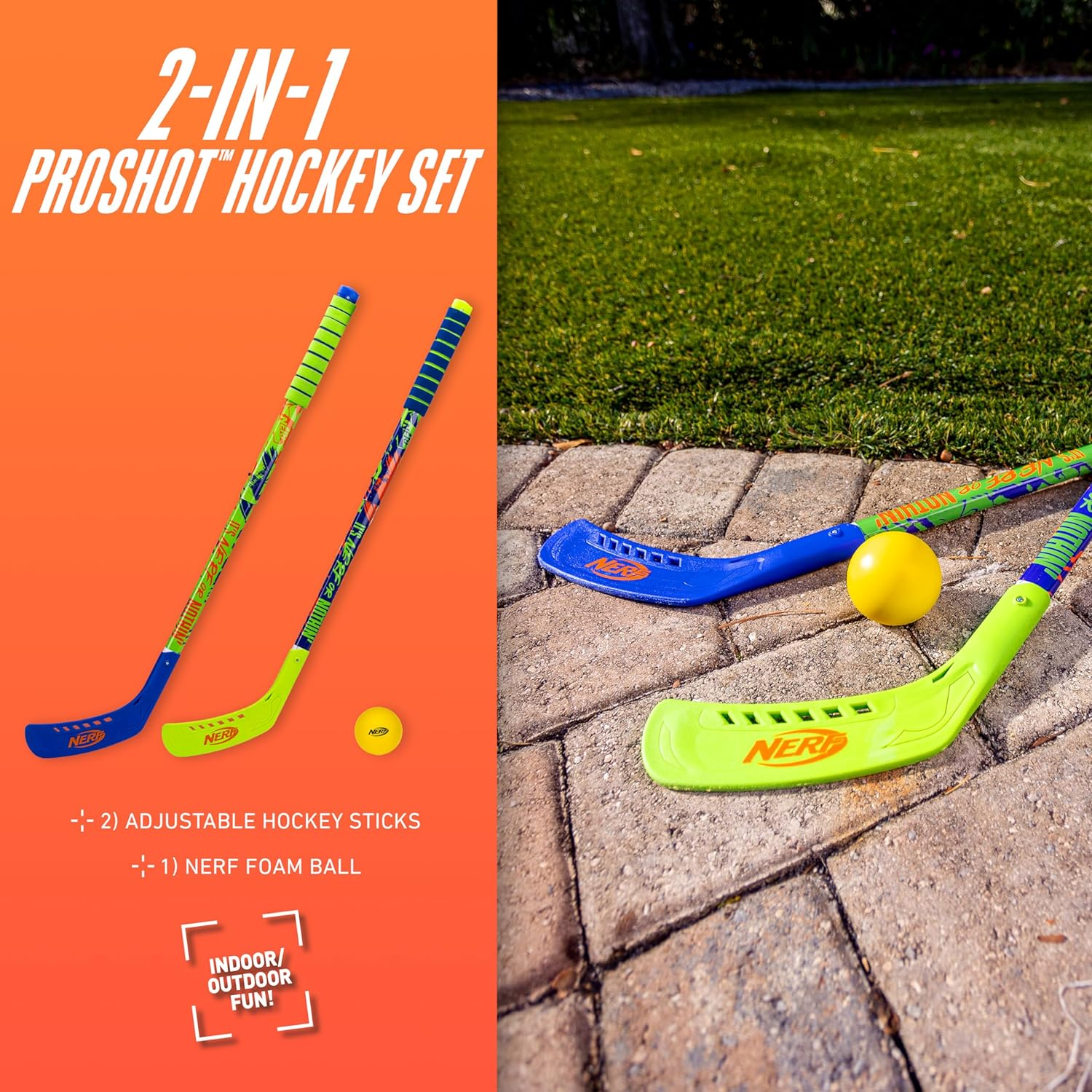 NERF Proshot Kids Hockey Sticks + Ball Set - 2 Player Youth Indoor + Outdoor NERF Hockey Set - 2 in 1 Knee + Floor Hockey Sticks - (2) NERF Proshot Youth Hockey Sticks + (1) Foam Hockey Ball Included image number 2