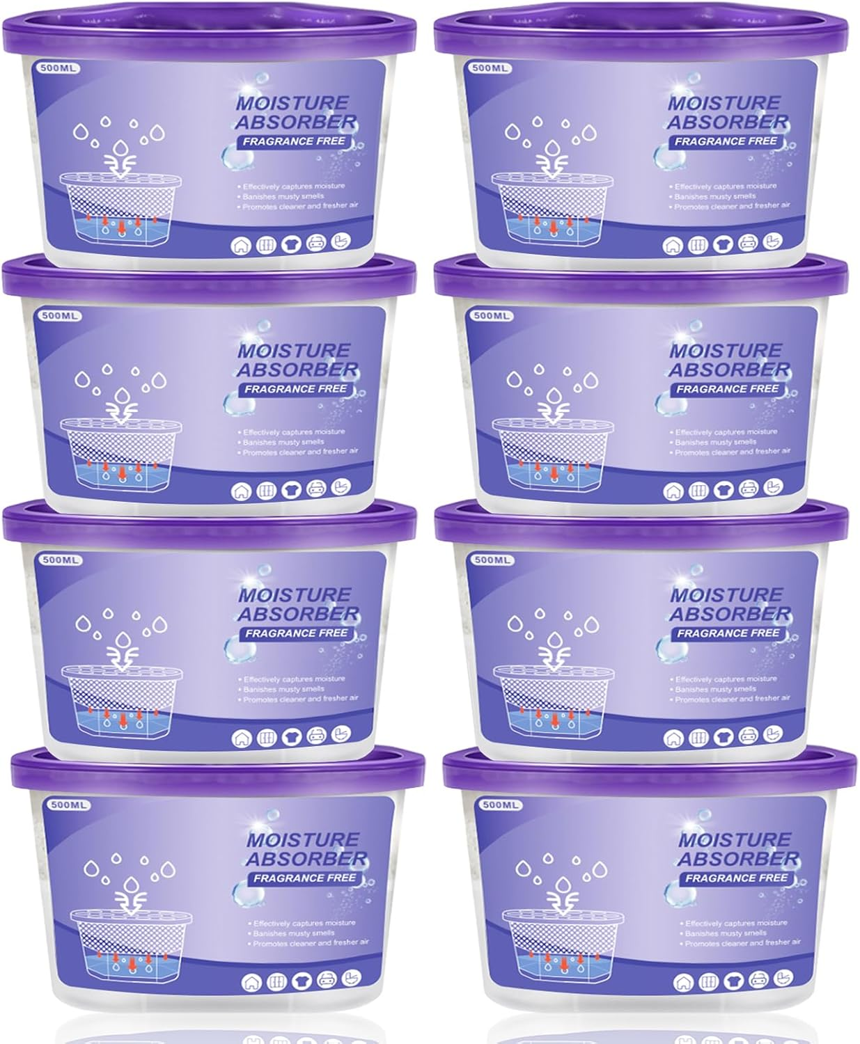 TFMOJHST 8 Pack Fragrance Free Moisture Absorption Box, Dehumidifier Bucket,Portable Dehumidifier Moisture Absorbers for Cars,Closet, Bathrooms, Kitchens, Laundry Rooms, Basements Etc(Purple) image number 3