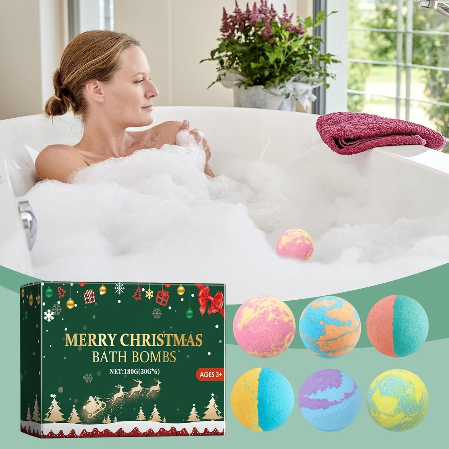 Natural Bath Balls - 6X Refreshing Bath Bubble Ball,Christmas Spa Relaxing Bath Balls, Organic Handmade Bubble Bath Balls for Women & Men, Girls, Wife image number 6