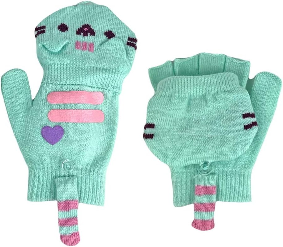 Pusheen Cat Mittens Convertible to Fingerless Gloves - Women & Teens Size, Mint Green