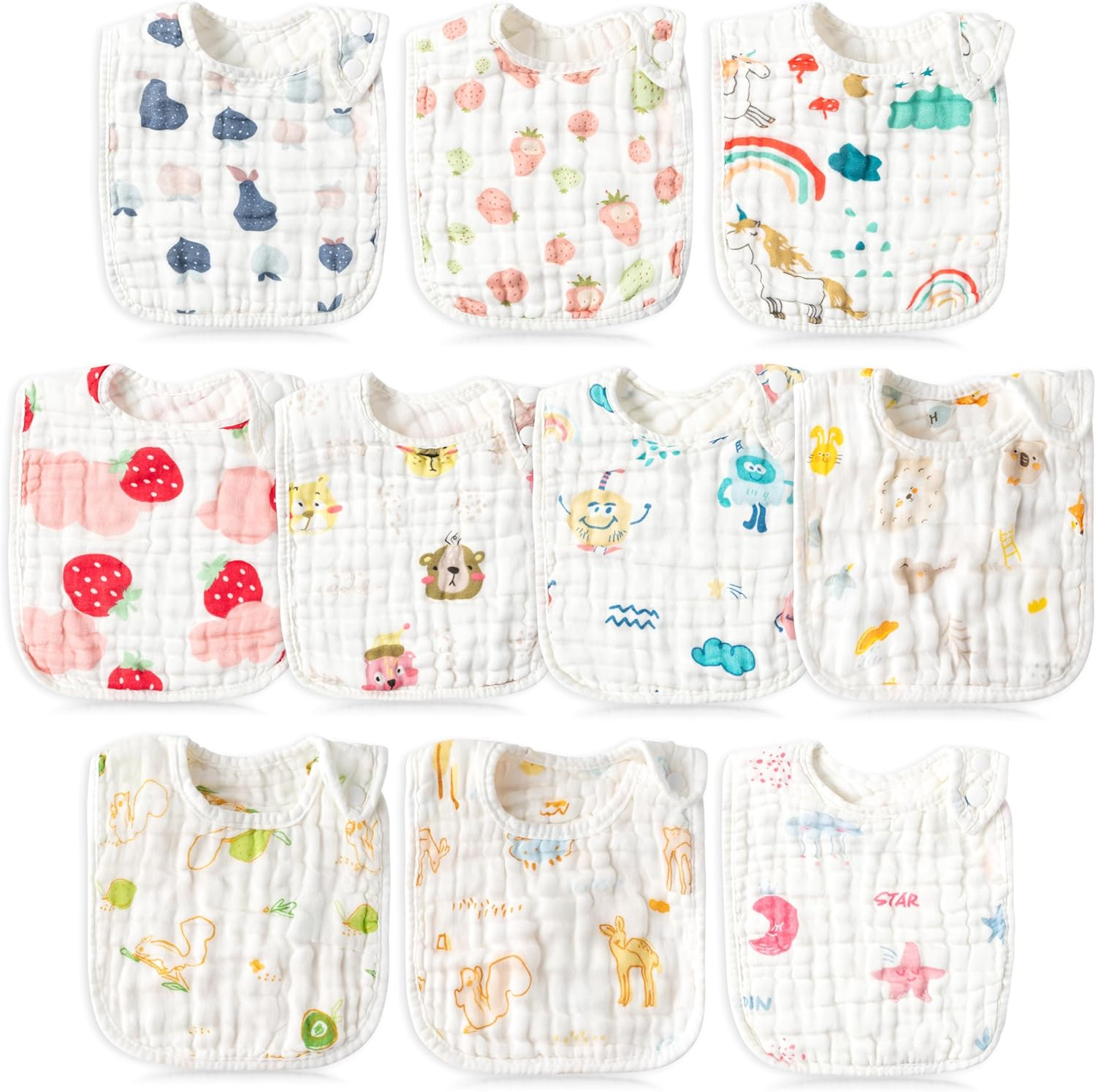 Buoonyer 10Pcs Snap Muslin Cotton Bibs, Baby Bandana Drool Bibs, Adjustable Soft Absorbent Cotton Scarf