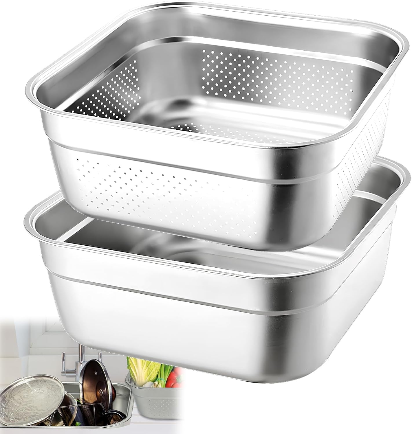 2-In-1 Stainless Steel Washing up Bowl Set, 12.8" Sturdy Square Dish Tub with Colander, Fruit Vegetable Washing Basin for Sink, Food Grade Dishpan for Draining Rice, Pasta, Food Strainer Mixing Bowl image number 3