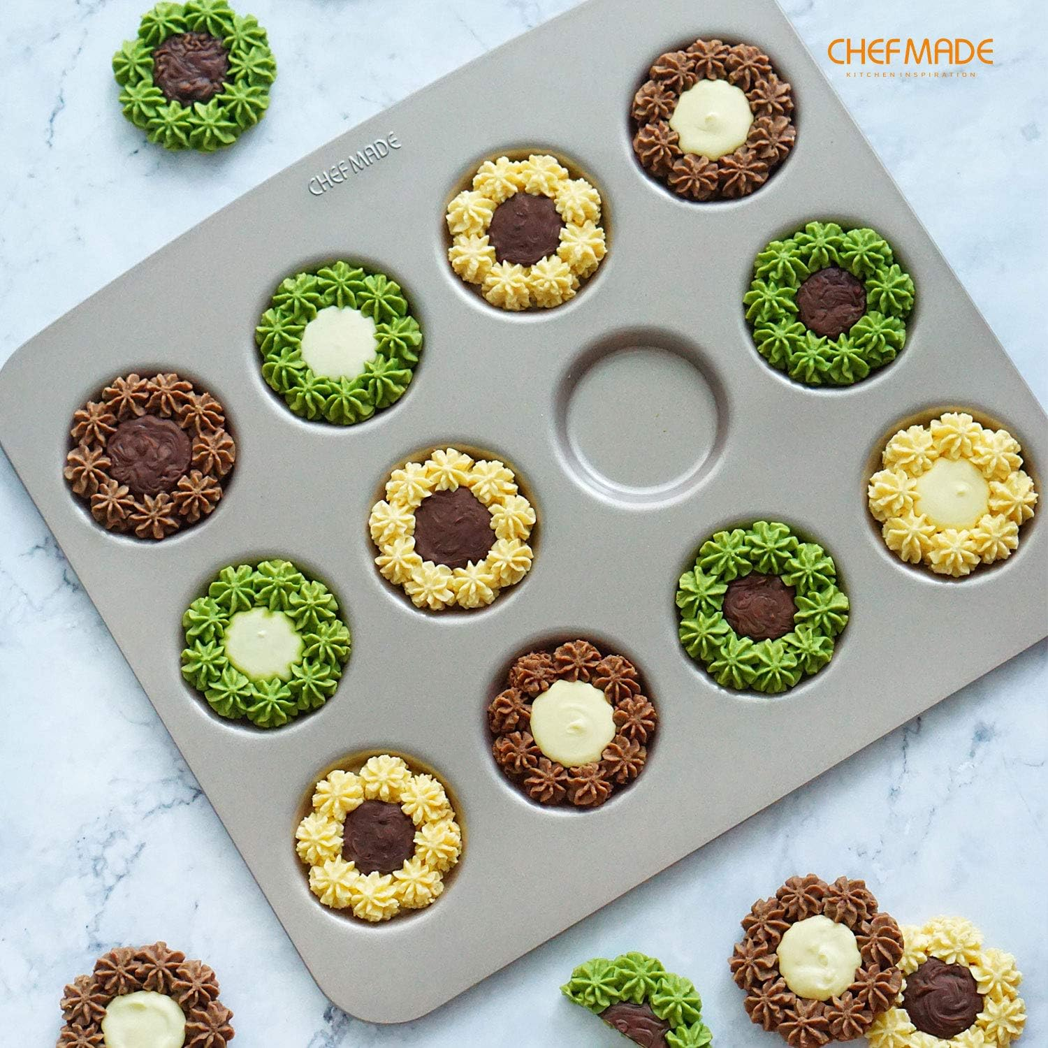 CHEFMADE Whoopie Cake Pan, 12-Cavity Non-Stick Muffin Pan Whoopie Cookie Biscuit Bakeware for Oven Baking (Champagne Gold)