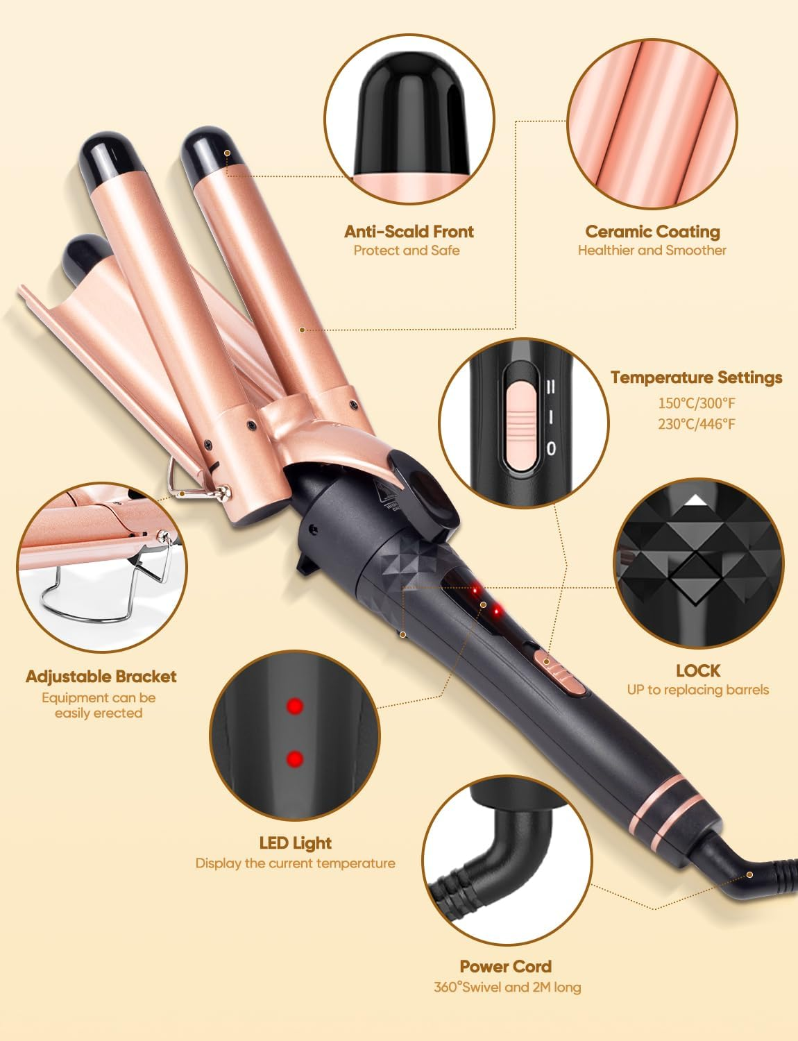 OBVHNUA 5 in 1 Hair Curler Set Hair Curling Wand 9-32Mm Ceramic Curling Iron with PTC Fast Heating 2 Adjustable Temperature Professional Hair Waver with 2M 360&deg; Rotatable Cable and Anti-Scald Glove