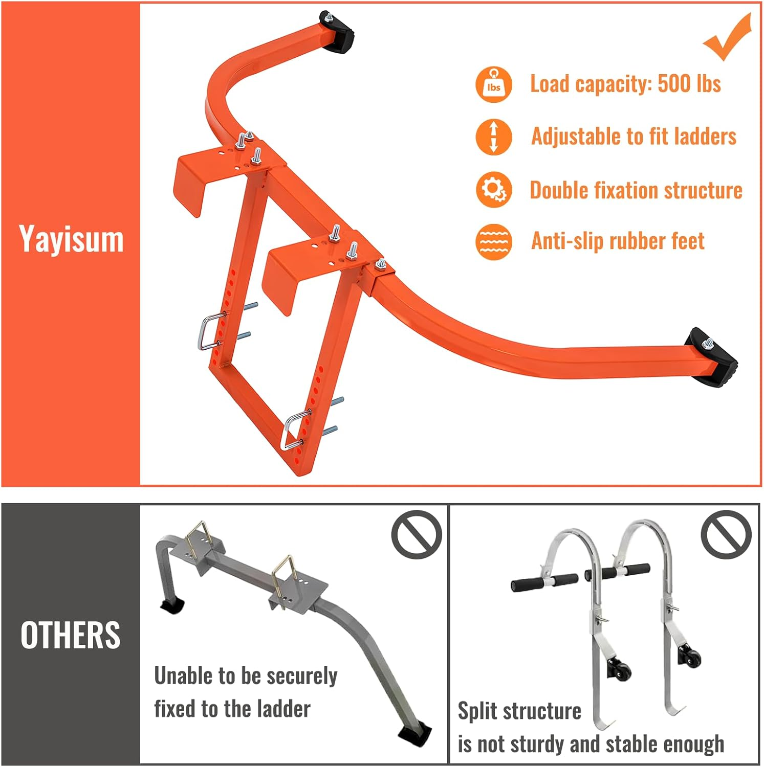 Ladder Stabilizer, Heavy Duty Steel Ladder Roof Hook Ladder Stabilizer with Wing Span/Wall Extension Accessory, Secure and Stable Ladder Standoff Arms for Roof Gutter with Anti-Slip Rubber Feet - Ladder Stabilizer With Tool Tray image number 2