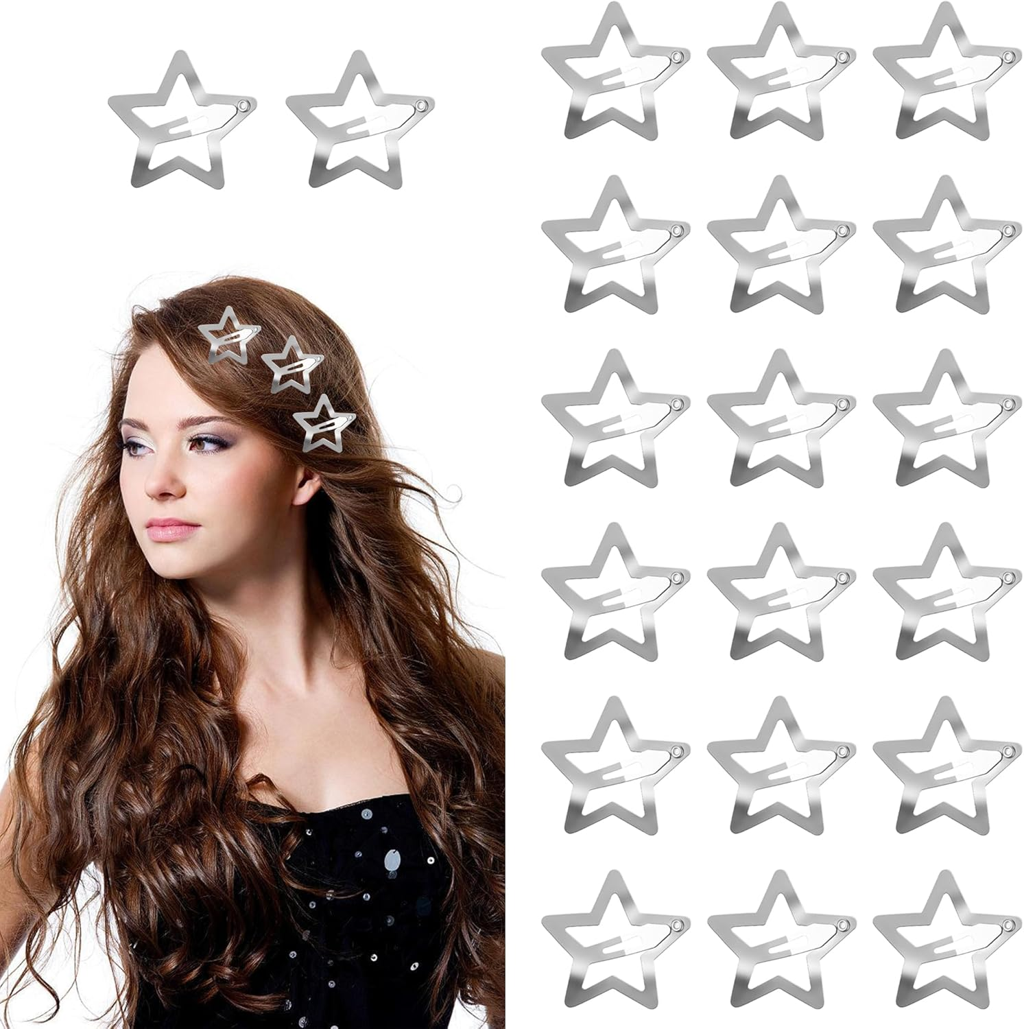 YPYMOD Pack of 20 Metal Star Hair Clips with Snap Closure, Silver, Cute Small Hair Clips, Hollowed Star Hair Pin for Children, Girls and Women, 3.2 Cm image number 6