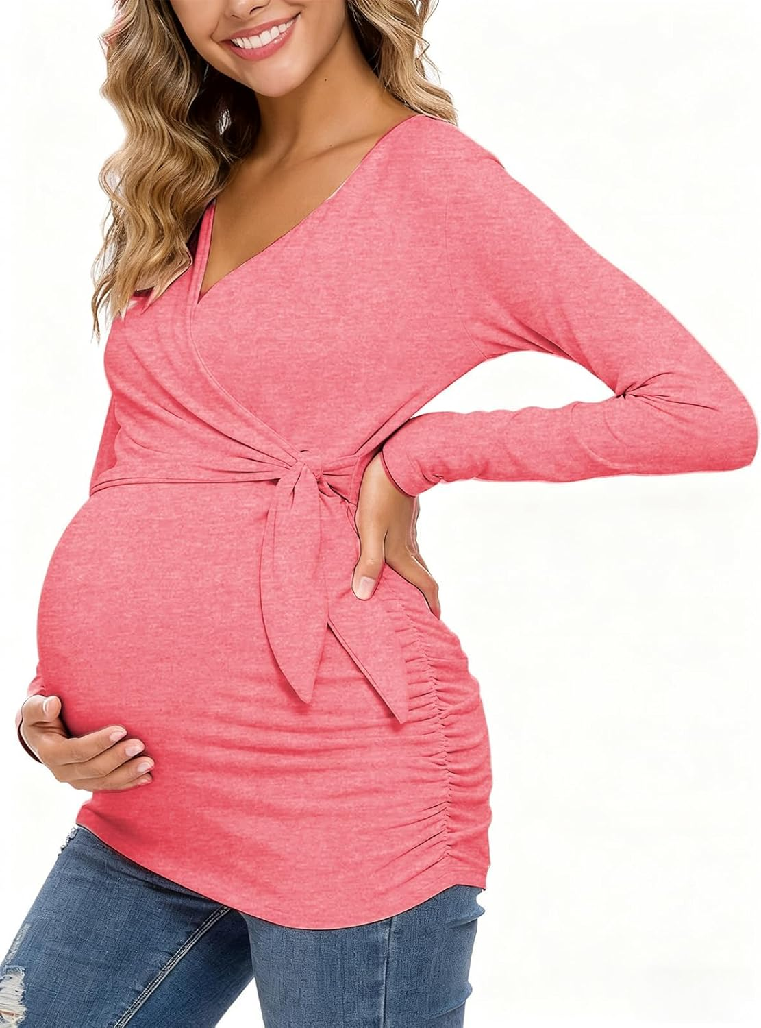 Eztree Womens Maternity Tops Long Sleeve Cinched-Waist Hoodie Pregnancy Clothes