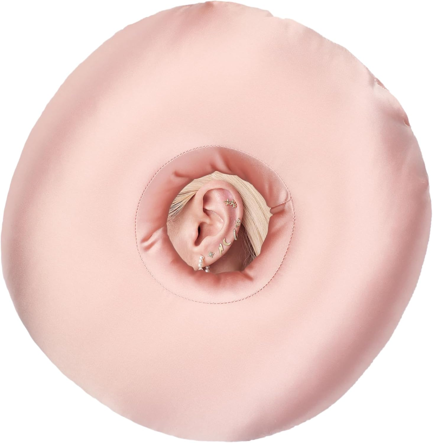 Hapipoppy Silky Ear Piercing Pillows with Hole for Side Sleepers Donut Pillow Ear Pain Relief CNH Pressure Sore Ear Guard Satin Coral