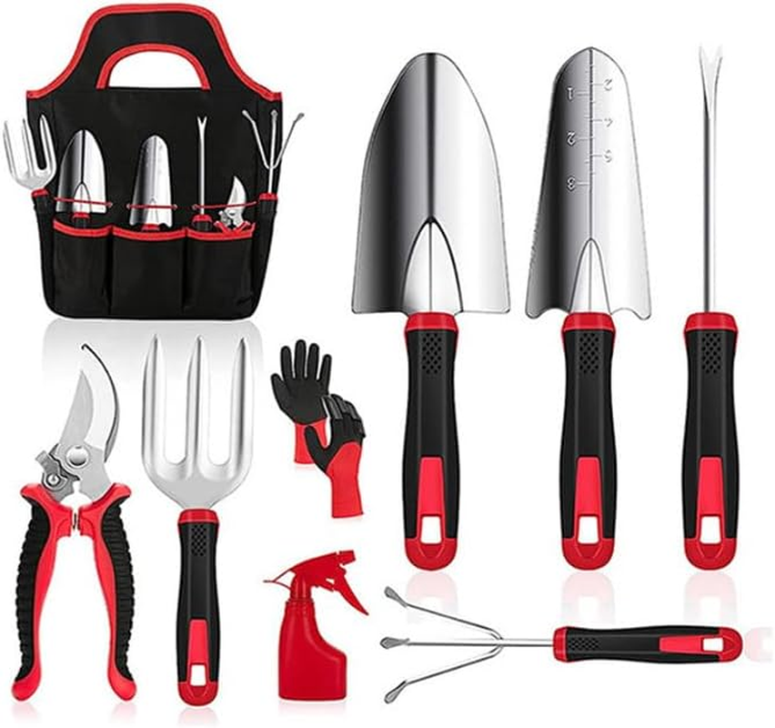 8 Piece Stainless Steel Gardening Tool Sets,Heavy Duty Outdoor Hand Tools Garden Tool Set with Non Slip Rubber Grip,Uprooting Weeding Tool, Gifts for Women Men (Red) image number 1