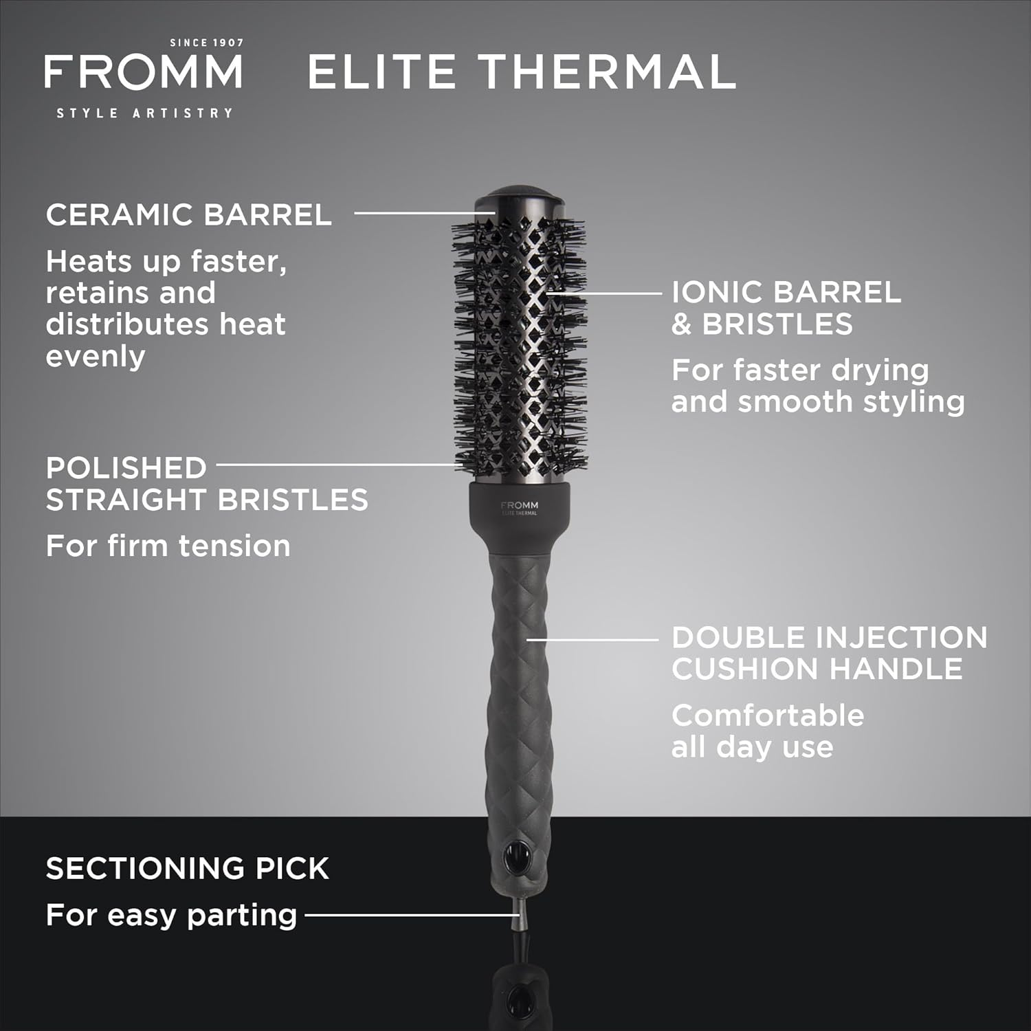 Fromm Elite Thermal Ceramic X Ionic 1.25 Inch round Hair Brush for Expert Blowouts, Faster Hair Drying, Anti-Static Styling, Smoothing, Straightening, and Shine image number 2