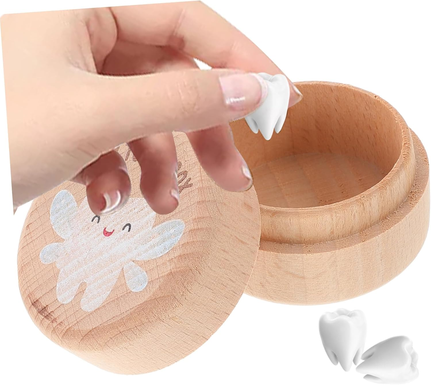 2Pcs Wooden Tooth Keepsake Box First Tooth Storage Box for Boys and Girls Cute Fairy Design for Shower Birthday image number 2