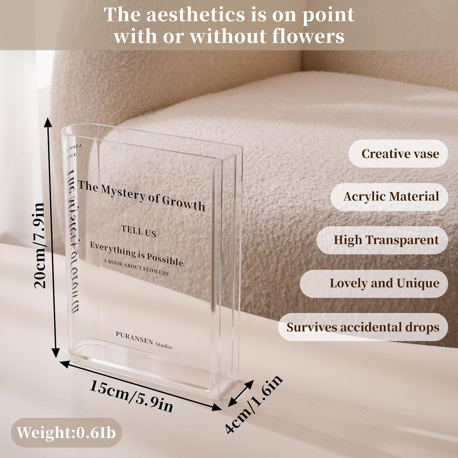 Puransen Book Vase for Flowers Aesthetic Room Decor, Artistic and Cultural Flavor Decorative Acrylic Vase, Unique Home/Bedroom/Office Accent, a Book about Flowers (Clear Color)