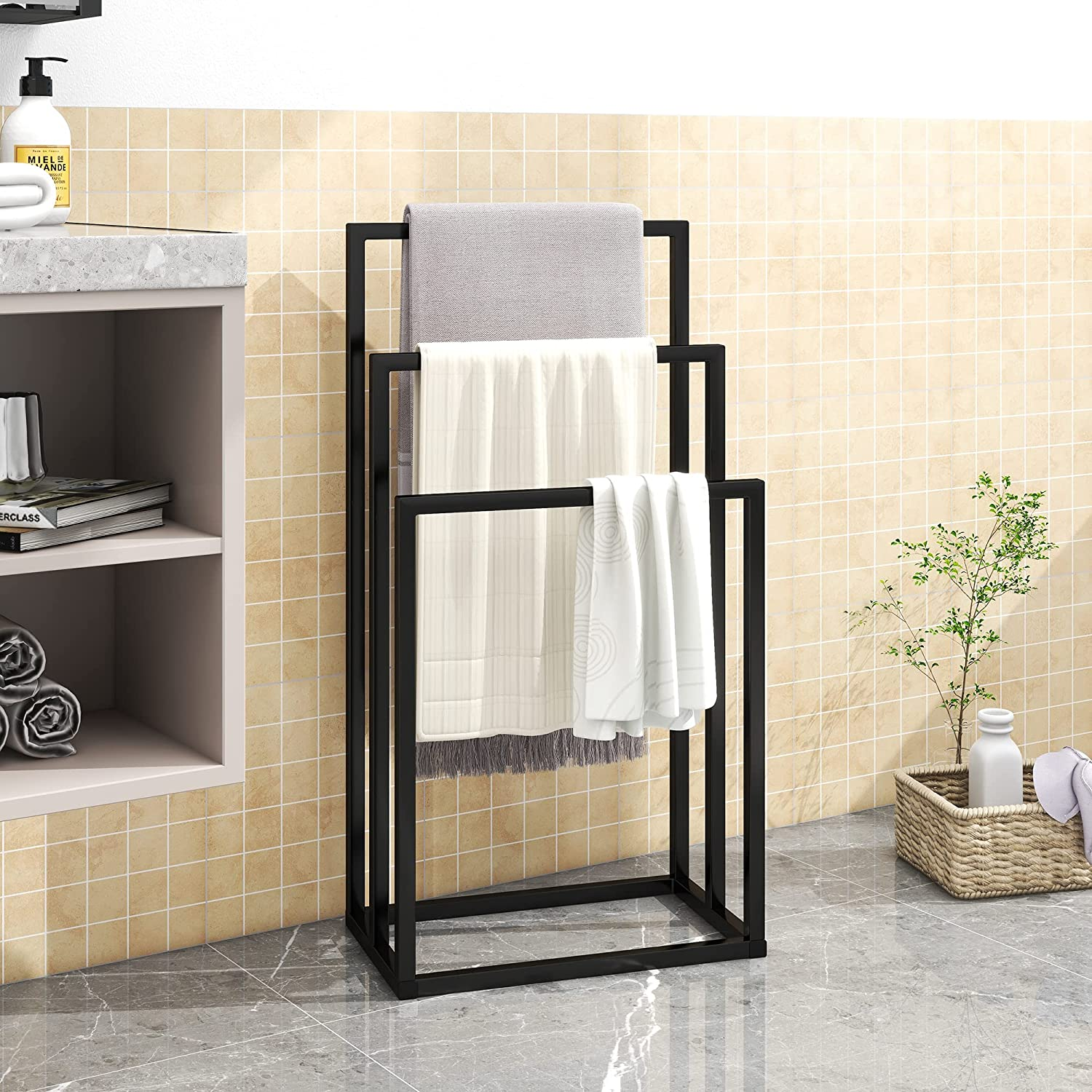 3 Tiers Freestanding Towel Racks for Bathroom, Metal Towel Rack Standing Towel Holder Drying Hand Towel Stand Holder, Black