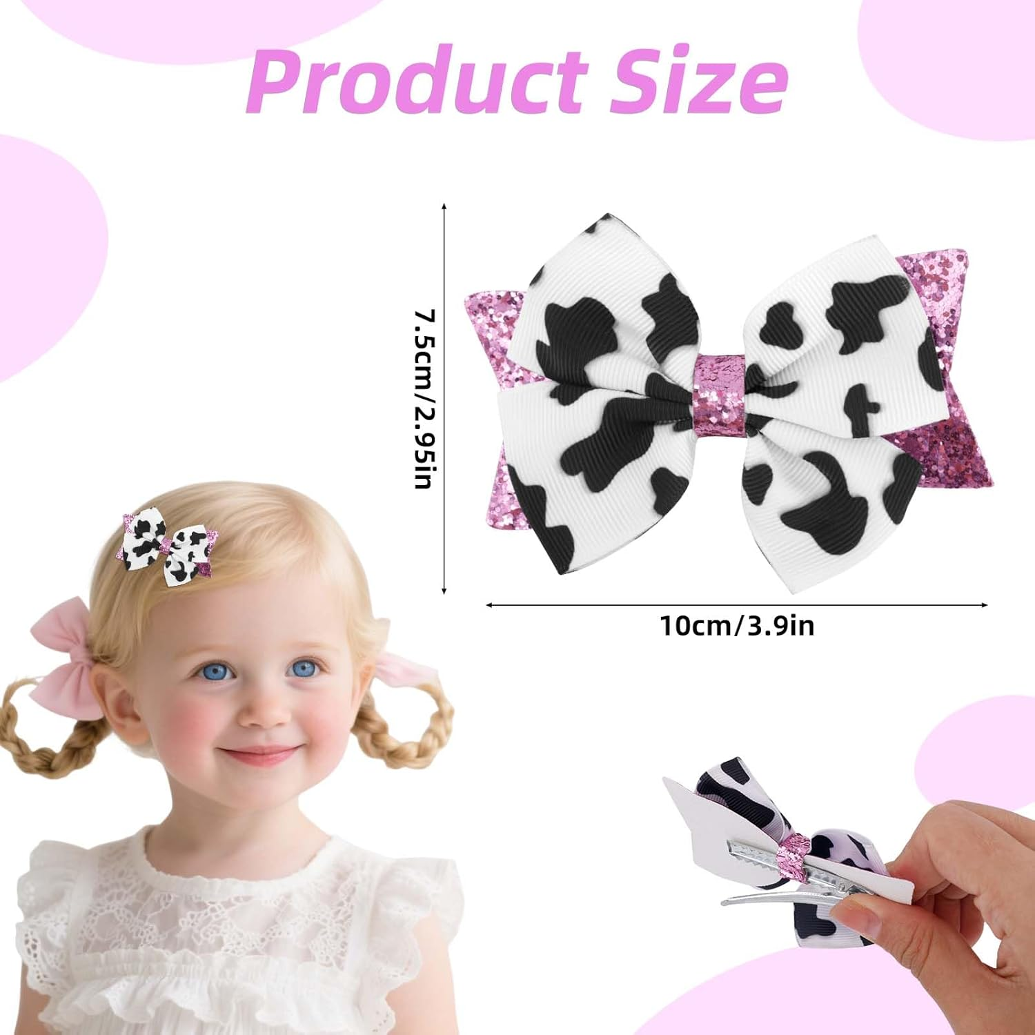 2Pcs Moo Cow Print Hair Bows, Cute Hair Bow Clips Pink Sequins Cow Print Clips Farm Animal Themed Accessories for Girls Women image number 6