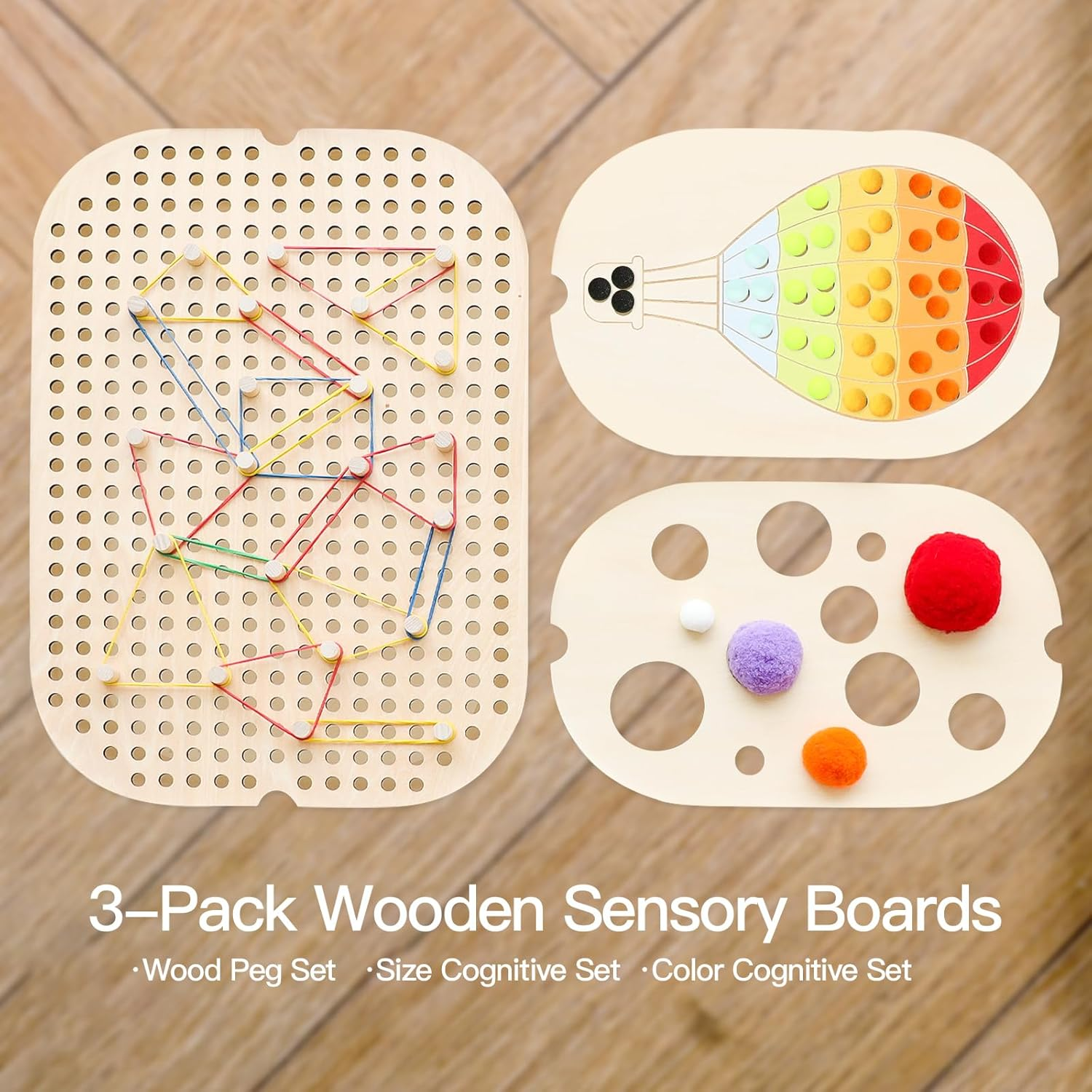 IEATFO 3-Pack Wooden Sensory Boards - Large and Small Storage Box Inserts - Pegboard, Size & Color Cognitive Boards - Include Wooden Pegs, Elastics, Pompoms(Suitable for IEATFO Sensory Tables)