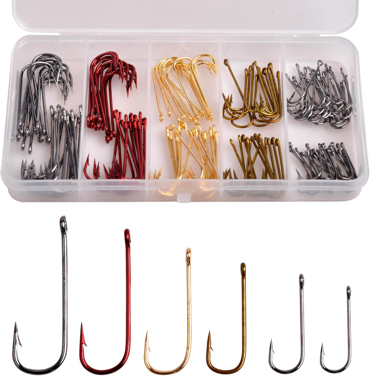 Aberdeen Hook Set,150Pcs Fishing Hooks Long Shank Offset Hook Light Wire Fish Hook High Carbon Steel Freshwater Bass Catfish Trout Mix Color Small Size image number 2