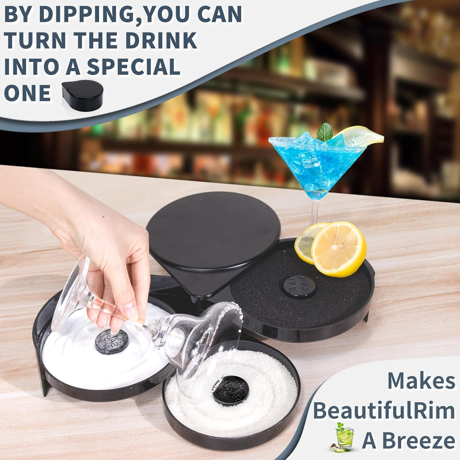 Tonjin Margarita Salt Rimmer Set, 1 Pack 3 Tier Bar Glass Rimmer Black Plastic Sugar and Salt Rimmer Box with Sponge for Cocktail Bartender Tool image number 4