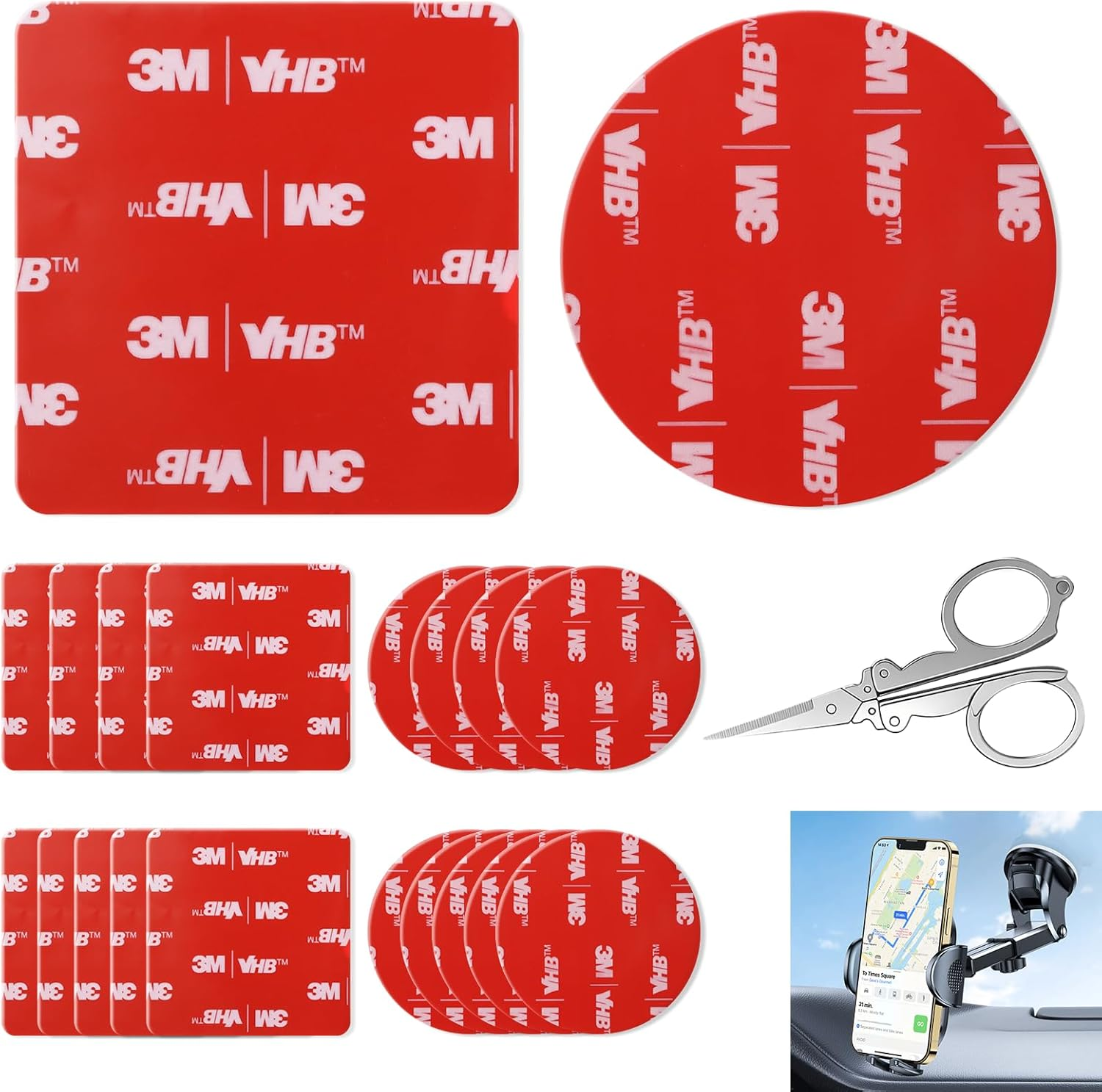 20 Pcs 3M VHB Sticky Adhesive Pads, Wall Mounts Sticky for Camera Compatible with Dash Cam & Adhesive Pad Replacement for Dashboard, 10 Squares 10 Circles 5 X 5 Cm with 1 Mini Folding Scissors image number 4