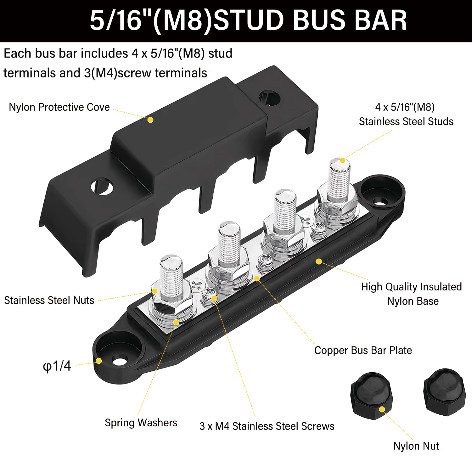 Bus Bar 250A 12V - 24V Power Distribution Block with 5/16" (M8) 4-Posts Terminals Block with Cover for Automotive, Marine, Battery System (Black & Red) image number 3