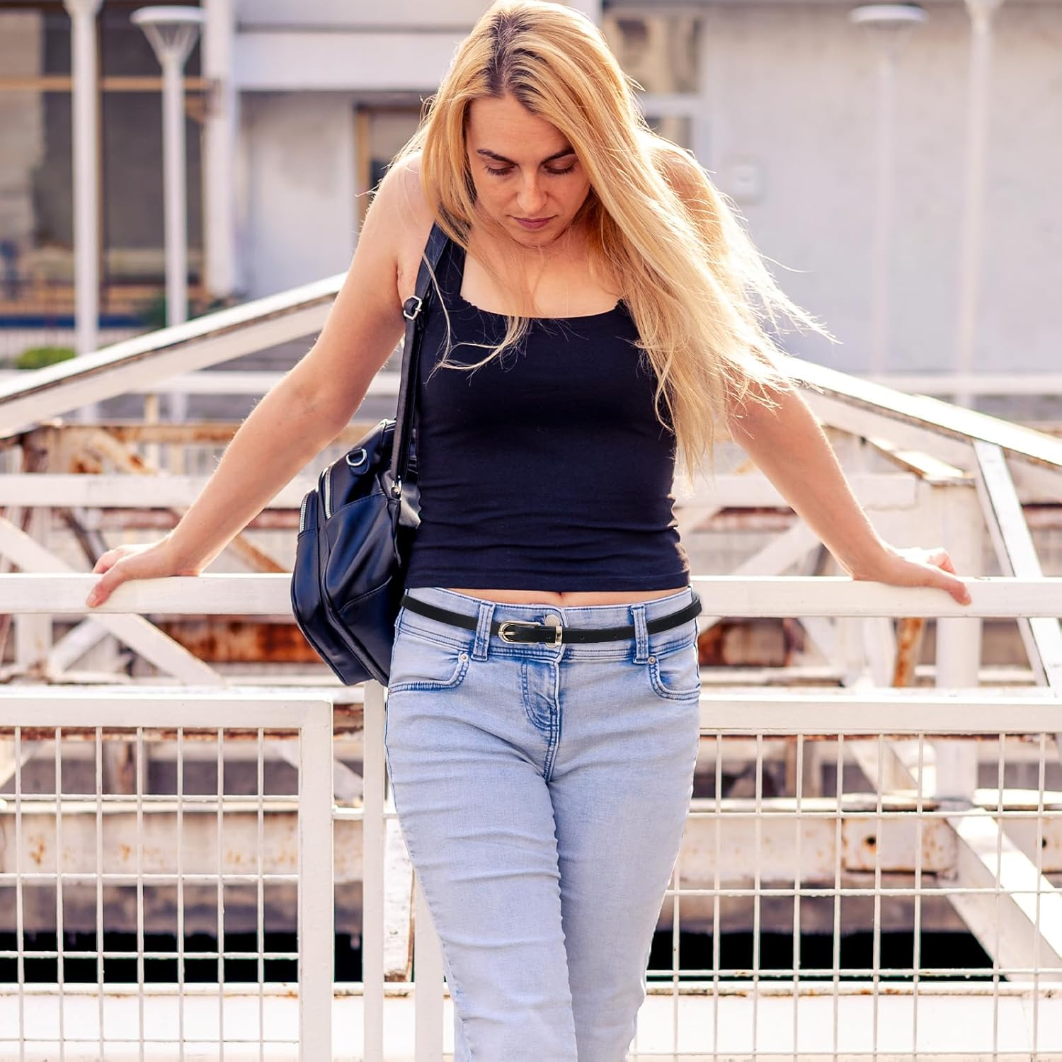 Wanmu 4 Pack Women Skinny Leather Belts for Jeans, Thin Waist Belt with Metal Buckle for Ladies, Dresses, Pants (39 Inches, White, Black, Cream Color, Coffee) image number 4