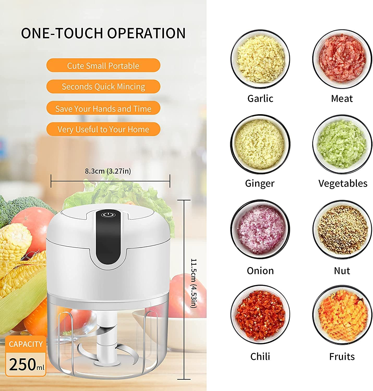 Electric Mini Garlic Chopper,Food Processor,Portable Cordless Garlic Mincer Masher,Meat Grinder with USB Charging for Vegetable,Chili,Fruits,Ginger,Baby Food,Seasoning 250Ml(White) image number 6