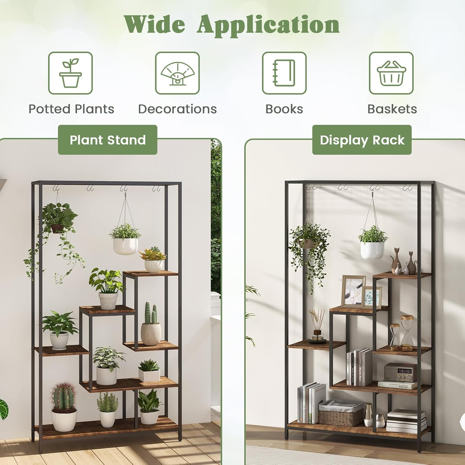 Costway 6-Tier Tall Plant Stand, 180 CM Metal Indoor Plant Shelf W/ 10 Hanging Hooks & Wire Shelf for Multiple Plants, Multipurpose Plant Display Rack for Balcony, Living Room, Black (Black + Rustic Brown) image number 4