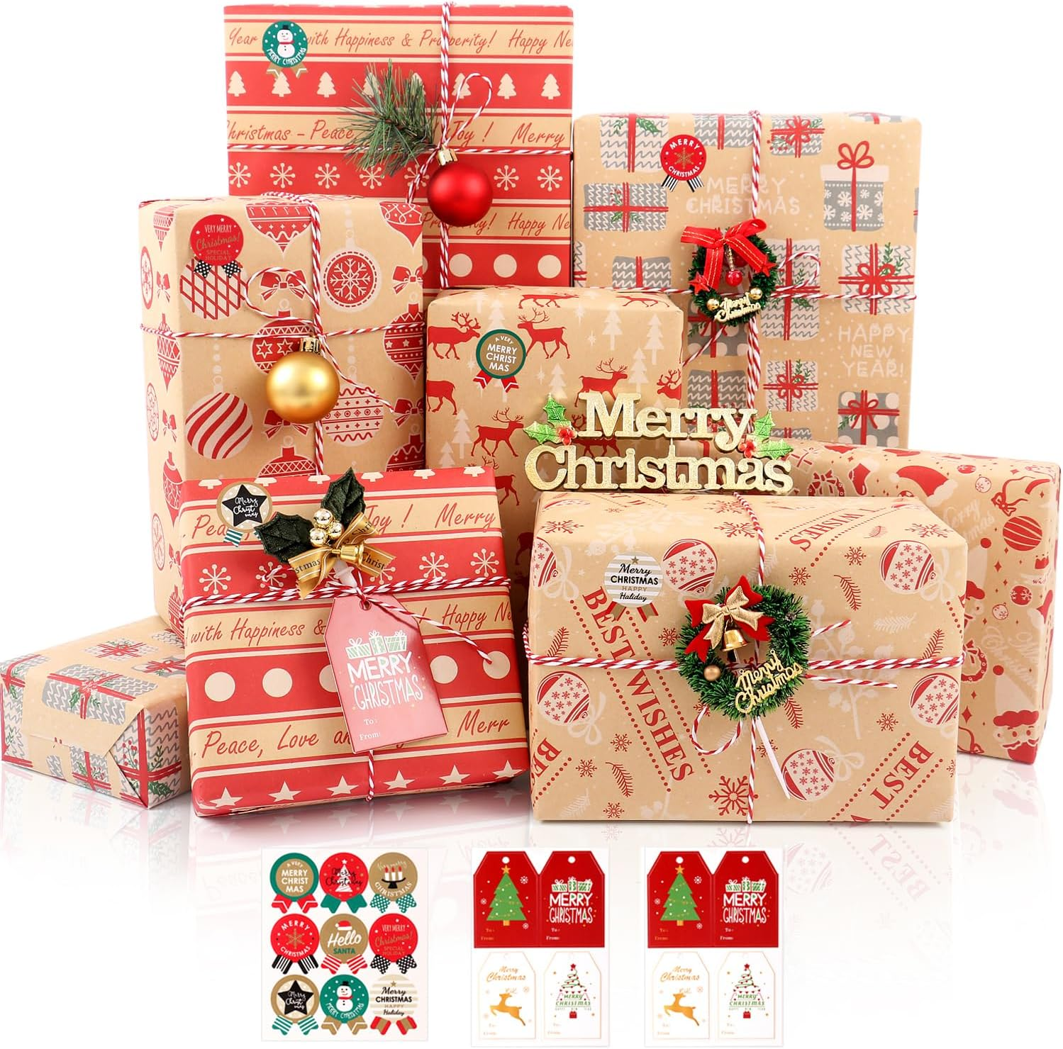 MAMUNU Christmas Wrapping Paper Sheets, Cute Pink Xmas Kraft Gift Wrapping Paper for Kids Girls Women, Assorted 6 Designs Classic Wrap Paper Set for Christmas New Year Holiday, 20 &times; 28 Inch