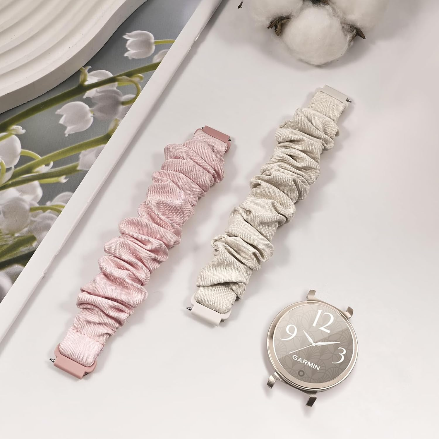 Oanux 2 Pack Stretchy Scrunchie Compatible with Garmin Lily 2 Watch Band, 14Mm Elastic Fabric Cloth Soft Sport Strap Wristband for Lily 2/Lily 2 Active/Classic Women Men image number 6