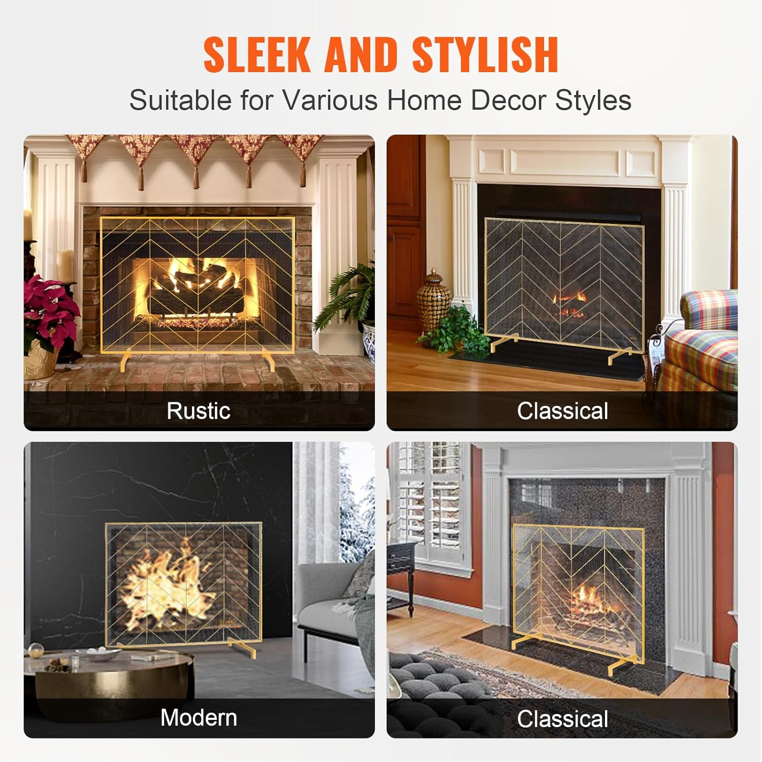 VEVOR Fireplace Screen Single Panel, Sturdy Iron Mesh Fireplace Screen, 980(L) X758(H) MM Spark Guard Cover, Simple Installation, Free Standing Fire Fence Grate for Living Room Home Decor Modern