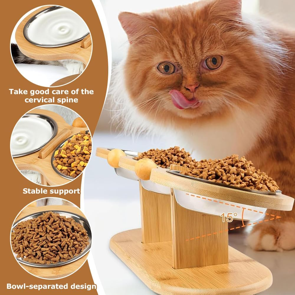 Cat Feeding Station,With 3 Stainless Steel Bowls and Installation Required Parts, Wooden Pet Bowl Holder,Raised Cat Food Bowls, Kitty Food Water Bowls Stand,For Cats and Puppy image number 3