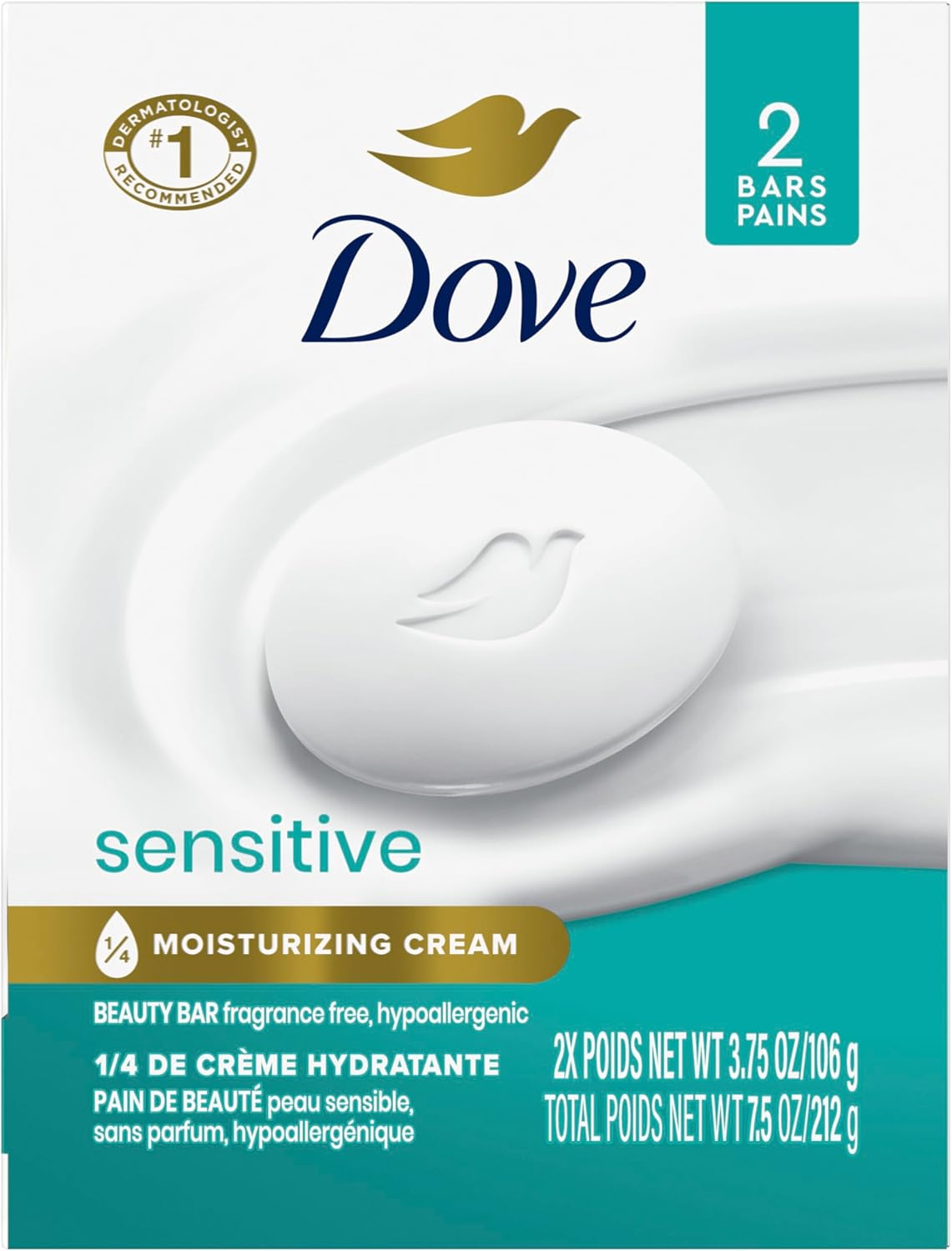 Dove Beauty Bar Soap Sensitive 2 Count for Sensitive Skin, Fragrance Free and Hypoallergenic 3.75 Oz image number 4