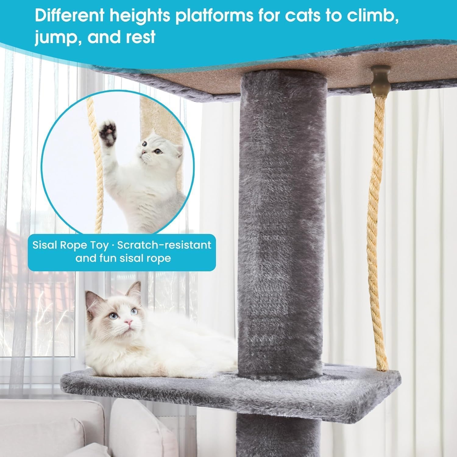 Cat Tree Floor to Ceiling, 5-Tier Cat Tower with Cozy Hammock, 220-274Cm Adjustable Height, Sisal Cat Scratching Post Provide Cats Vertical Enrichment to Jump and Climb (Dark Grey) image number 6