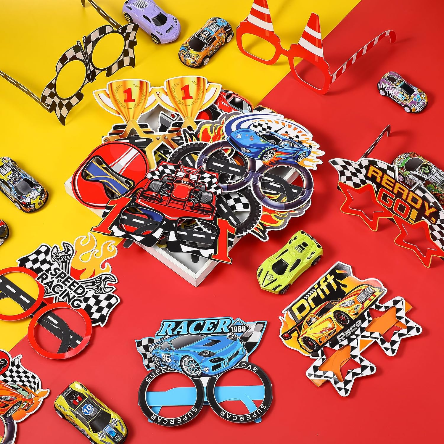 32 Pcs Race Car Party Decorations Racing Paper Glasses Frame Trunk Car Theme Eyeglasses Racing Car Photo Booth Props for Boys Race Car Birthday Party Baby Shower Favors Supplies image number 5