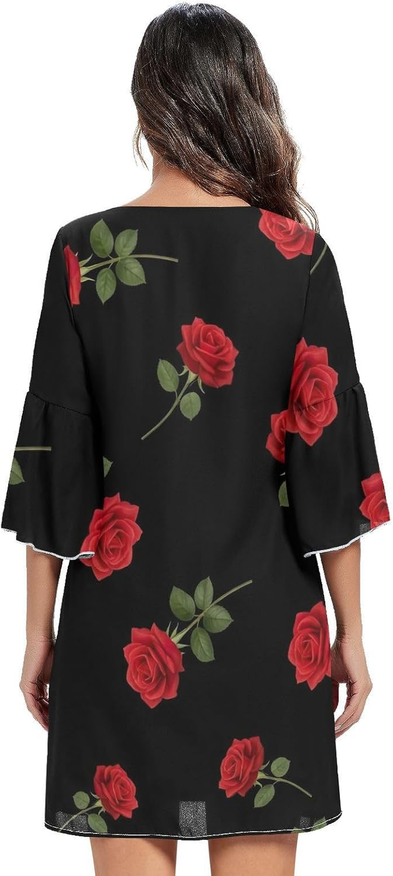 Red Roses Green Leaves Black Western a Line Dress Printed Line Maternity Dress image number 3