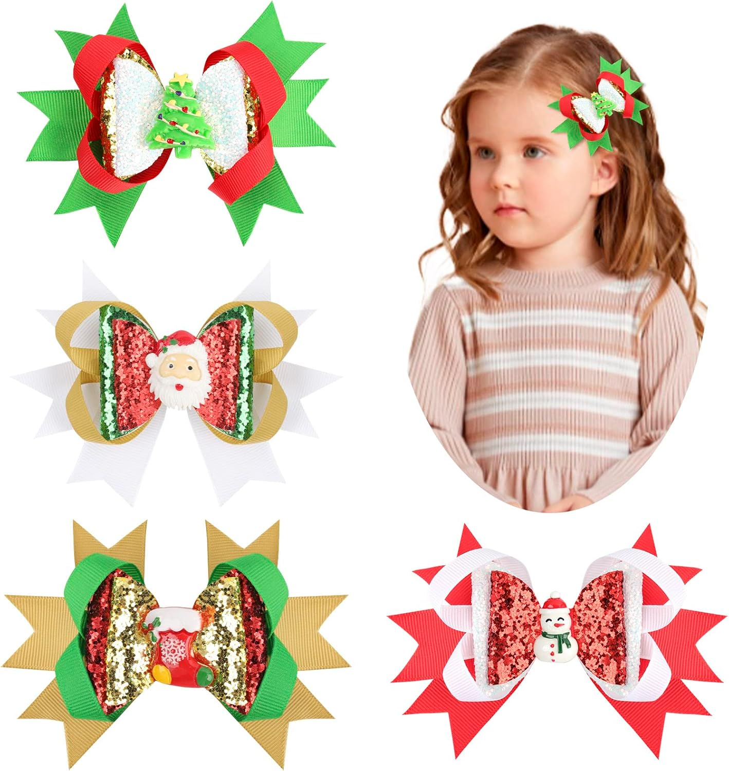 Snowstar 4Pcs Christmas Hair Clips Cartoon Christmas Bows Accessories for Girls,Santa Christmas Tree Snowman Bow Hair Barrettes Holiday Hair Accessories for Girls Women Toddlers Christmas Gifts image number 3