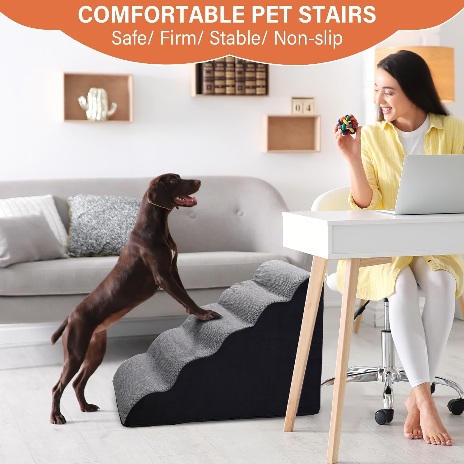 Curved Dog Stairs Ramp, 5 Steps Spliceable Dog Stair, 58Cm Height Pet Stairs for High Bed 28" H Climbing, 35D Foam Non-Slip Bottom Pet Step Indoor & Outdoor Multi-Use with Removable & Washable Cover image number 6