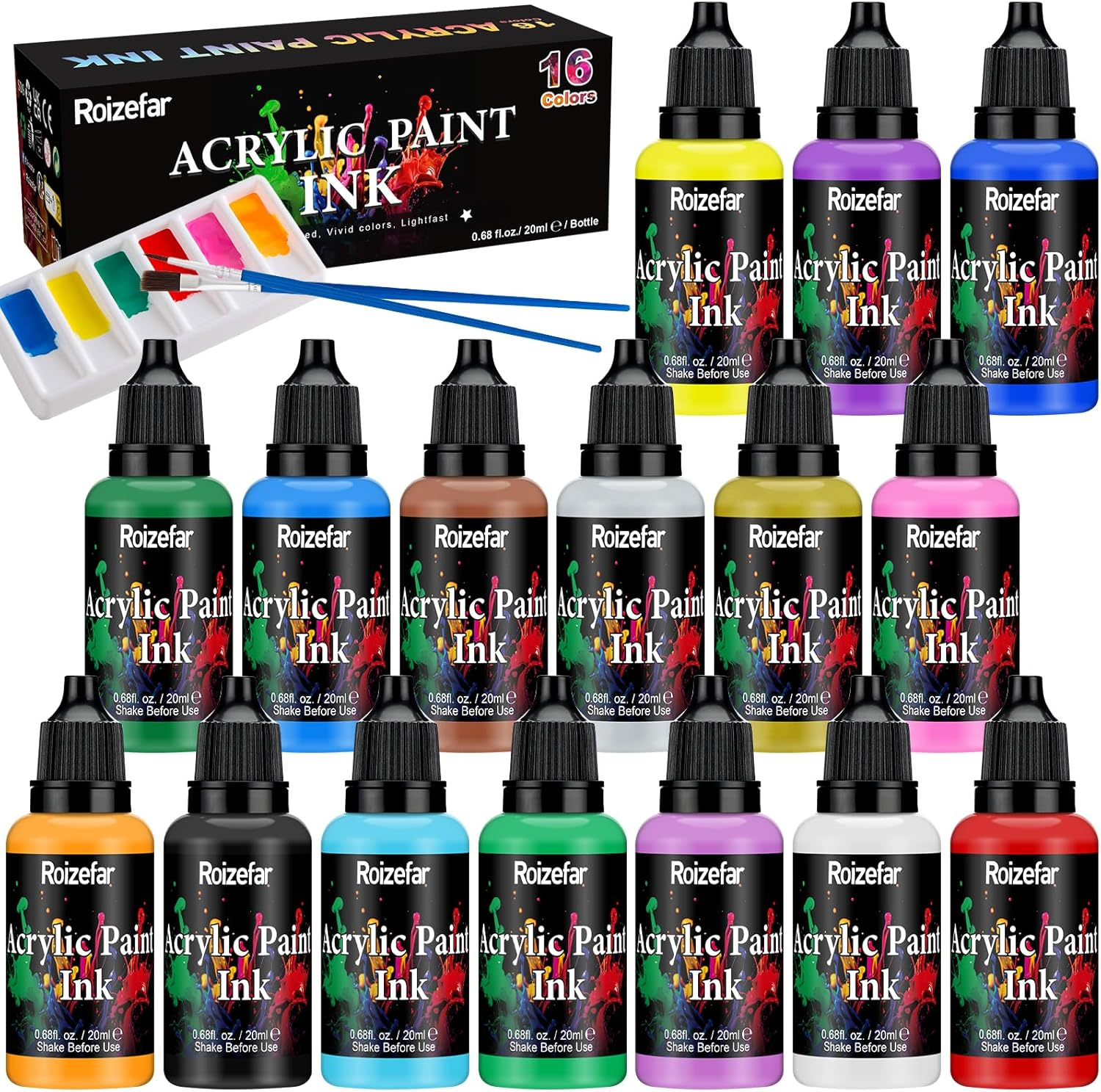 Roizefar Acrylic Paint Ink, 16 X 20Ml (0.68 Fl.Oz), Drawing Ink Set, Liquid Acrylic Paint with 2 Brushes and 1 Palette for Drawing, Ideal for Pouring Art, Mixed Media Projects image number 4