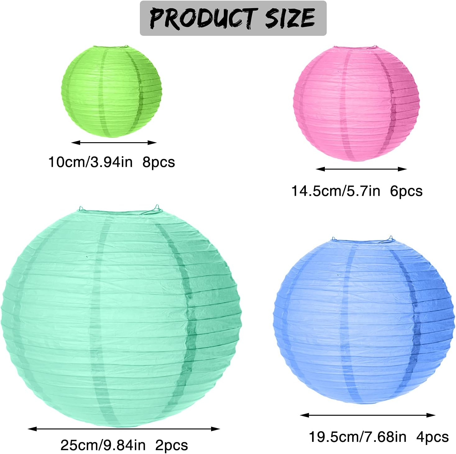 20 Pcs Paper Lanterns, Colorful Chinese round Lantern Hanging Decorations Sizes 4" 6" 8" 10" Hanging Decorative Lamp Shades for Party, Garden,Celebrations,Weddings (Assortment of Colours and Sizes) image number 5