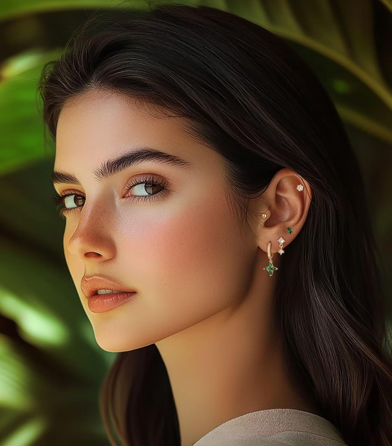 LYLYMIMI 7Pairs 14K Gold Plated Huggies Hoop Studs Earrings for Women Small Dangle Hoop Earrings Gold Green Earrings Set for Multiple Piercing image number 1