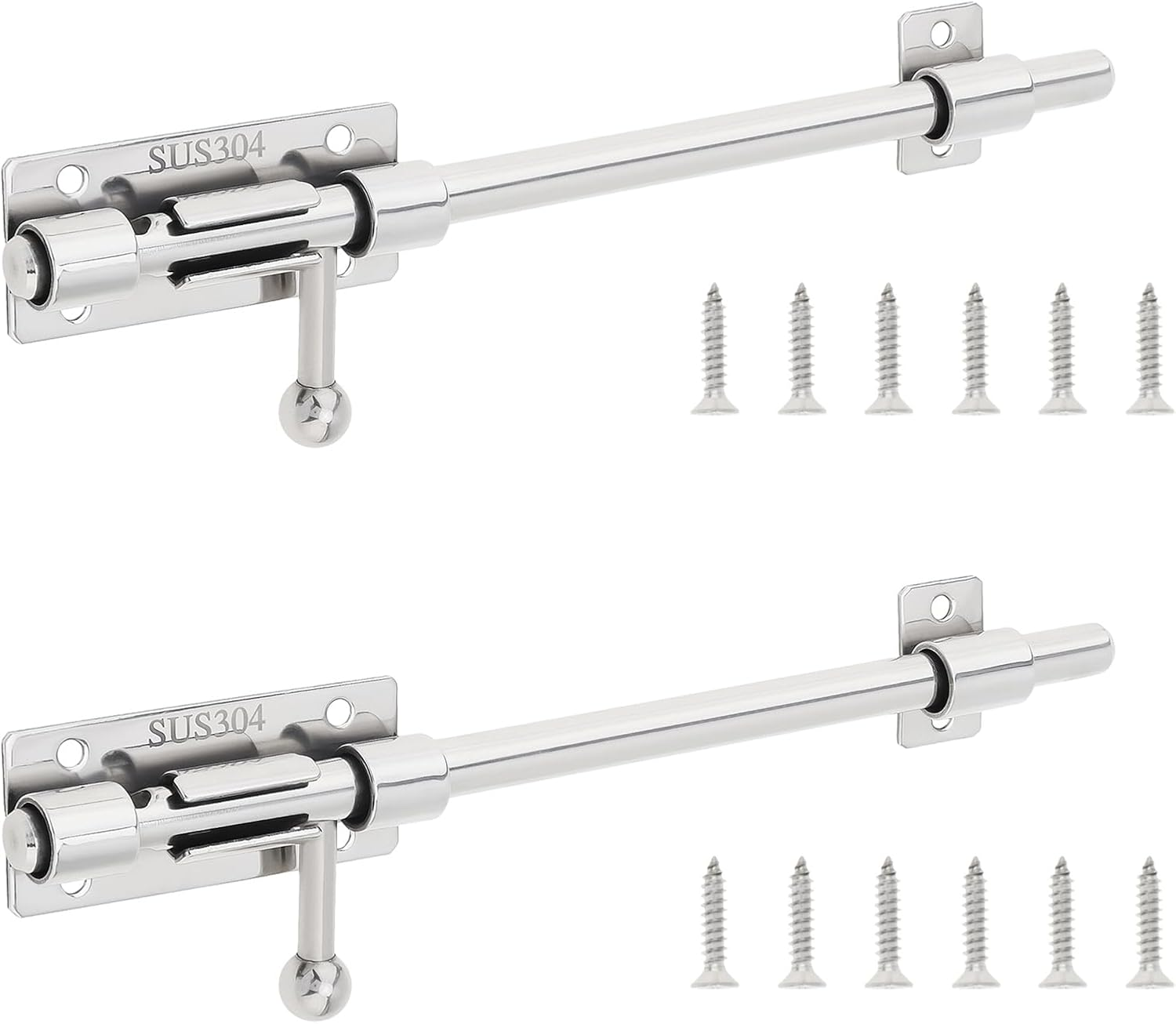 Slide Bolt Gate Latch, 2 Pack 10 Inch 304 Stainless Steel Barrel Bolt Latch with 8 Mm Padlock Hole, 10 Mm Bolt Heavy Duty Silver Sliding Latch Lock image number 5